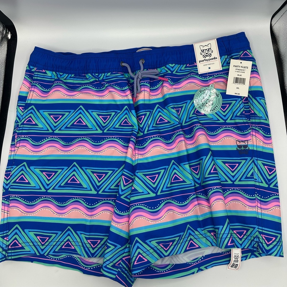 Party Pants Fiesta Stripe Men’s Swim Trunks Size XXL Neon Blue Pink NWT